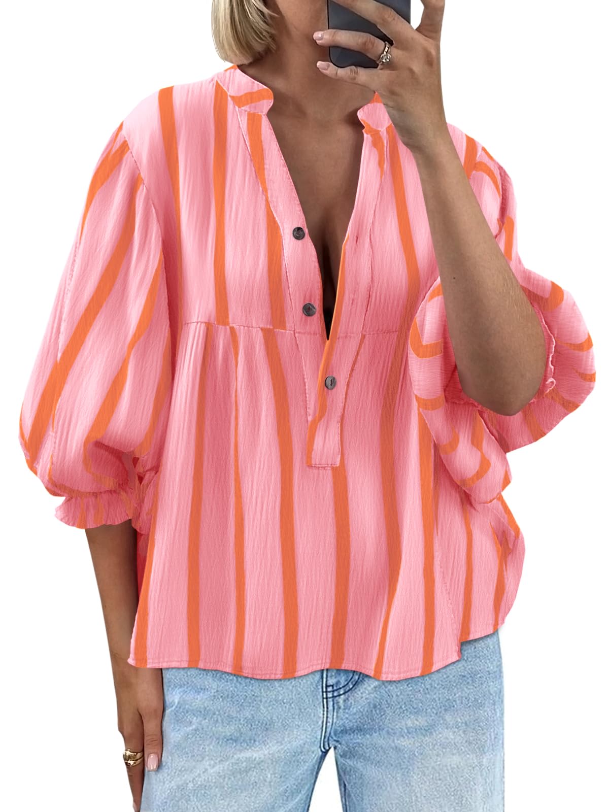 Tankaneo Womens Puff Sleeve Summer Babydoll Tops Cute V Neck Striped Blouse | Casual, Loose Fit, Flowy Shirts, Button, Boho, Work, Dressy, Peplum Blouses
