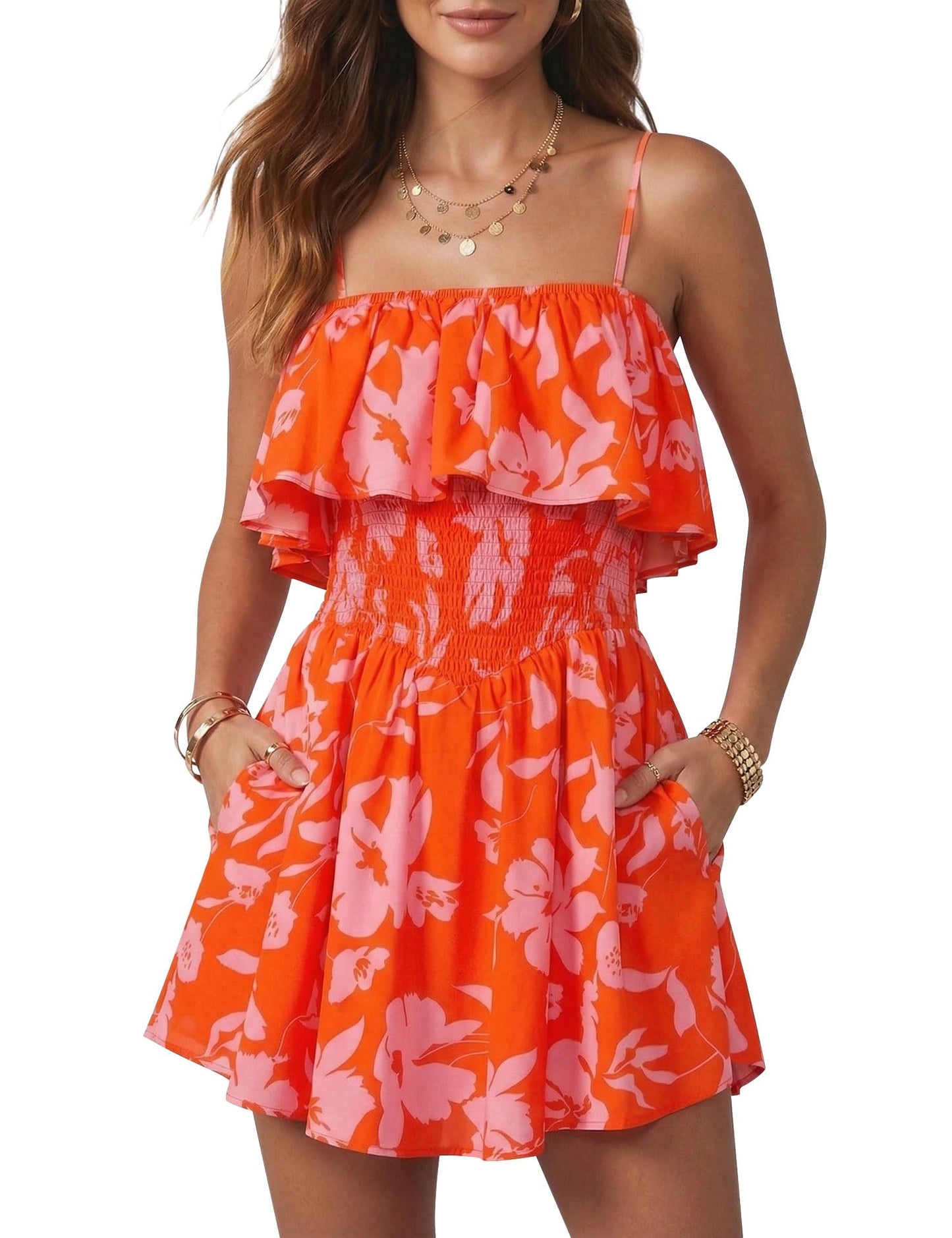 AIMCOO Women's Rompers Summer Strapless Floral Print Off Shoulder Boho Flowy Ruffle Hem Shorts Jumpsuit with Pocket