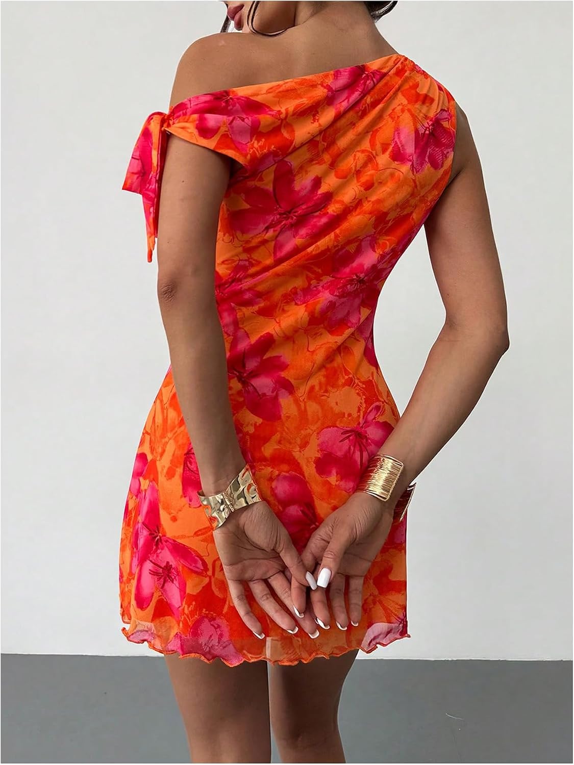 GORGLITTER Women's One Shoulder Wedding Guest Cocktail Mini Dresses | Orange Vacation Beach Sunset Dress, Floral Short Dress, Brunch Outfits, Asymmetrical Dresses