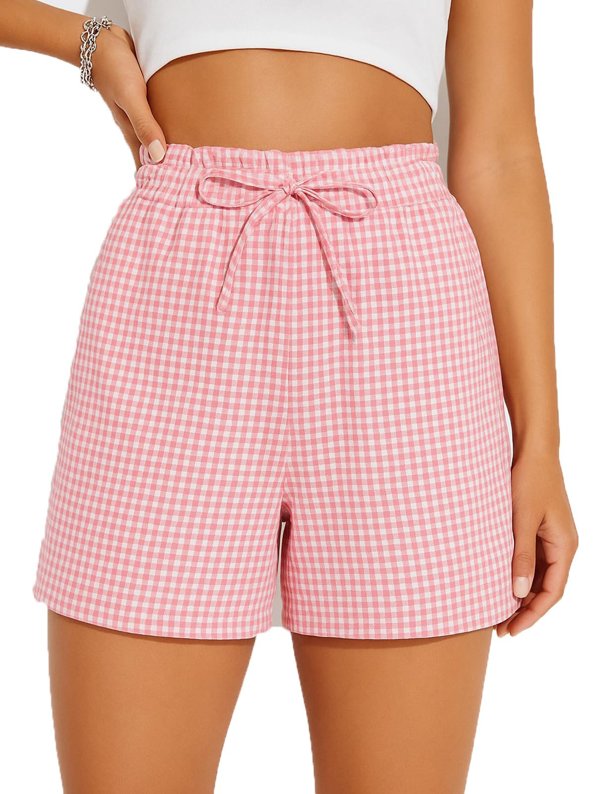 Womens Cotton Striped Gingham Boxer Shorts Checkered Plaid Casual Biker Shorts PJ Pajama Lounge Sleep Summer Beach Vacation