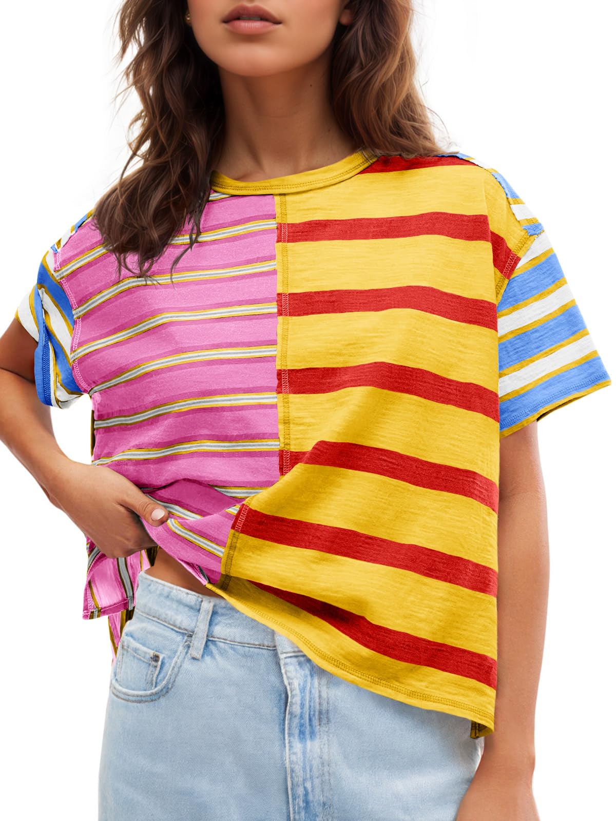 Tankaneo Womens Summer Striped Shirts Casual Color Block Short Sleeve Tops Loose Fit Crew Neck Tees