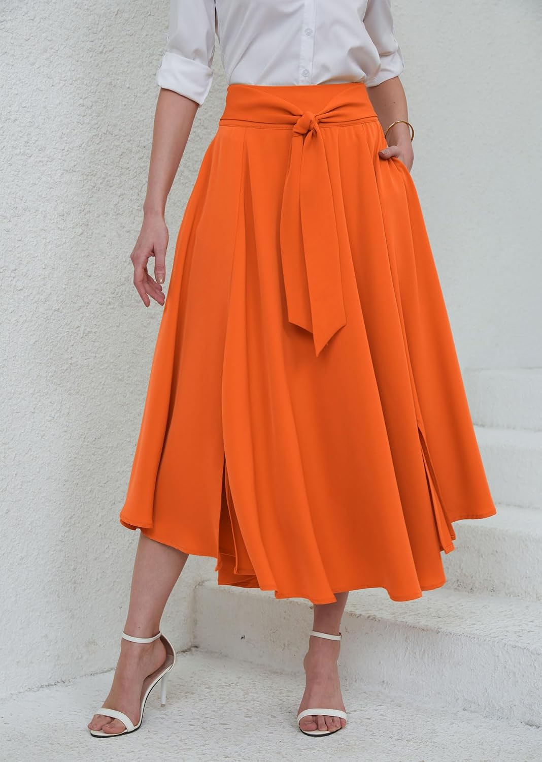 chouyatou Women's Elegant High Waisted Side Slit Irregular Bohemian Maxi Skirt with Pockets