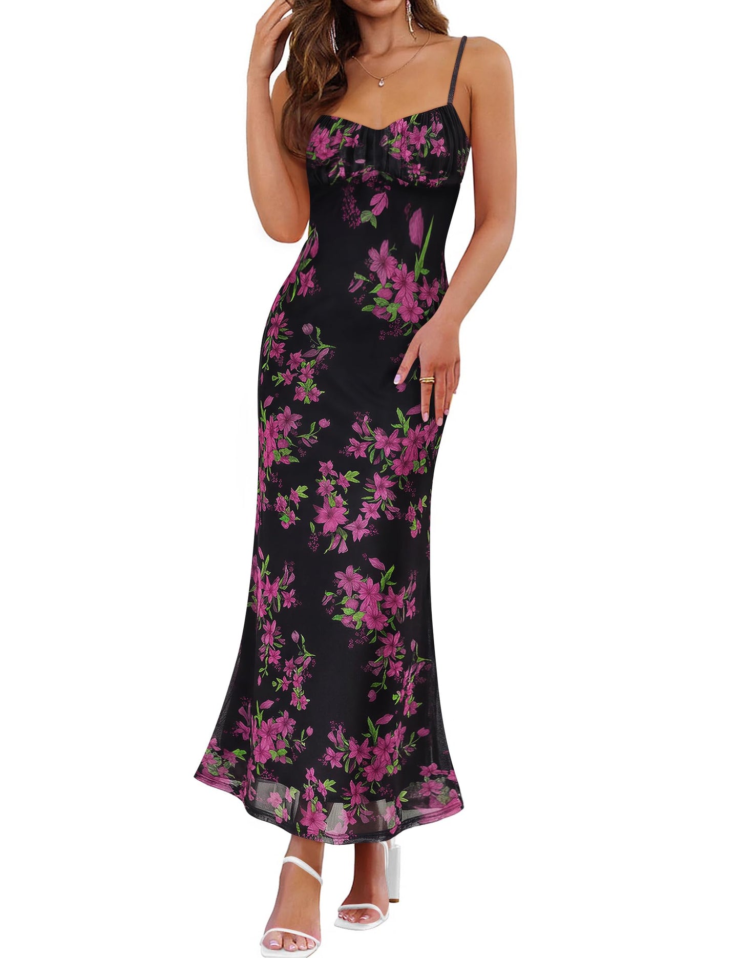 ZESICA Women's Summer Floral Sleeveless Bodycon Maxi Dress | Spaghetti Strap Mesh, Square Neck Backless Sundress, 2026 Wedding Guest Cocktail Party Vacation Beach Long Dresses