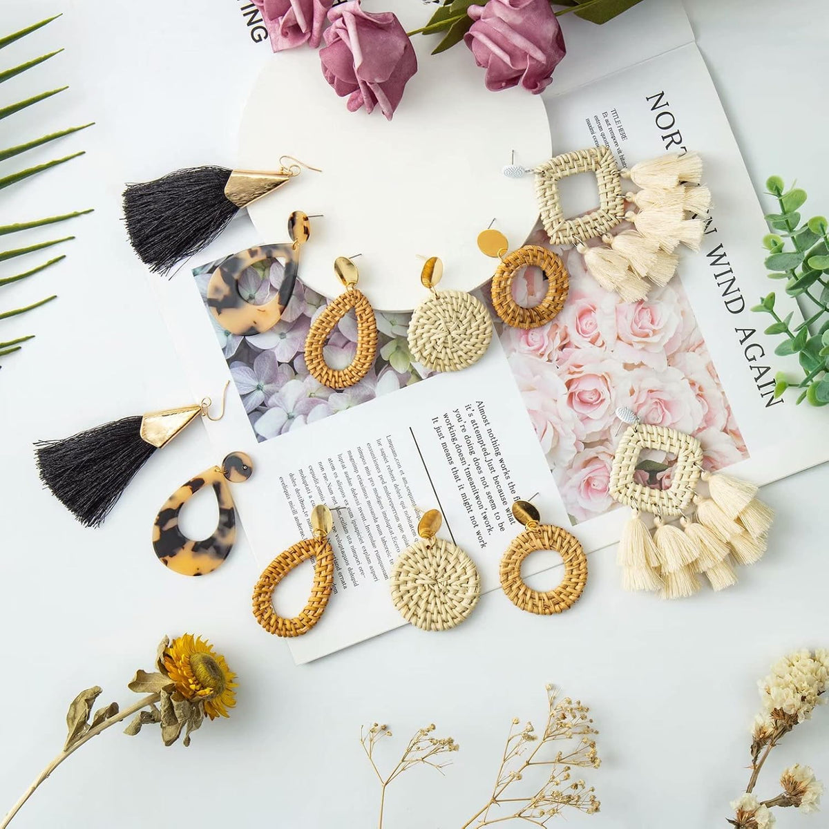 Ponpon 6-18 Pairs Earrings for Women, Lightweight Summer Earrings Straw Earrings Fashion Geometric Statement Hoop Dangle Drop Earrings for Women