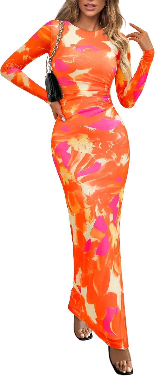 PRETTYGARDEN Women's Floral Bodycon Maxi Fall Dress | Sheer Mesh, Boho Tie Dye, Long Sleeve Fitted, Ruched Waist, Wedding Guest, Cocktail Party Holiday, Elegant Spring Outfits