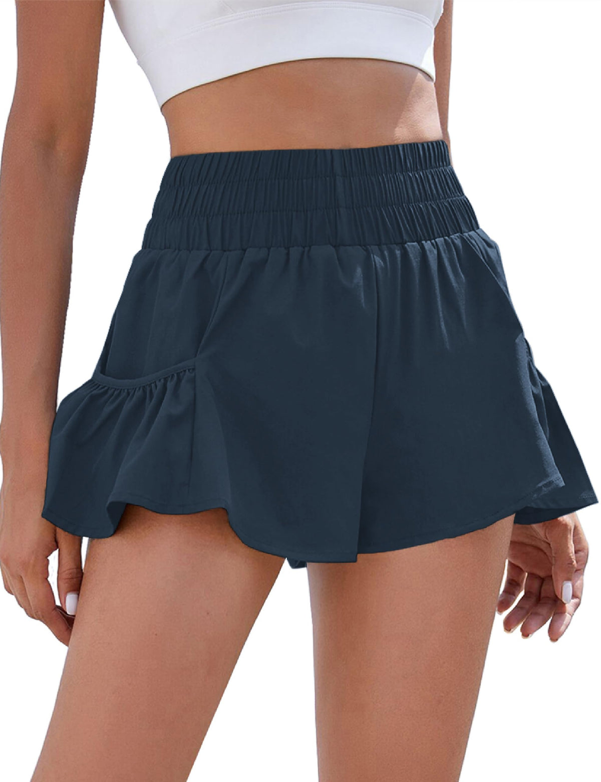 BMJL Womens Athletic Running Shorts 2.5" Flowy High Waisted Ruffle Shorts | workout,gym,two side pockets,elastic high waisted,quick dry fabric,built in liner,solid,gingham,leopard,striped shorts