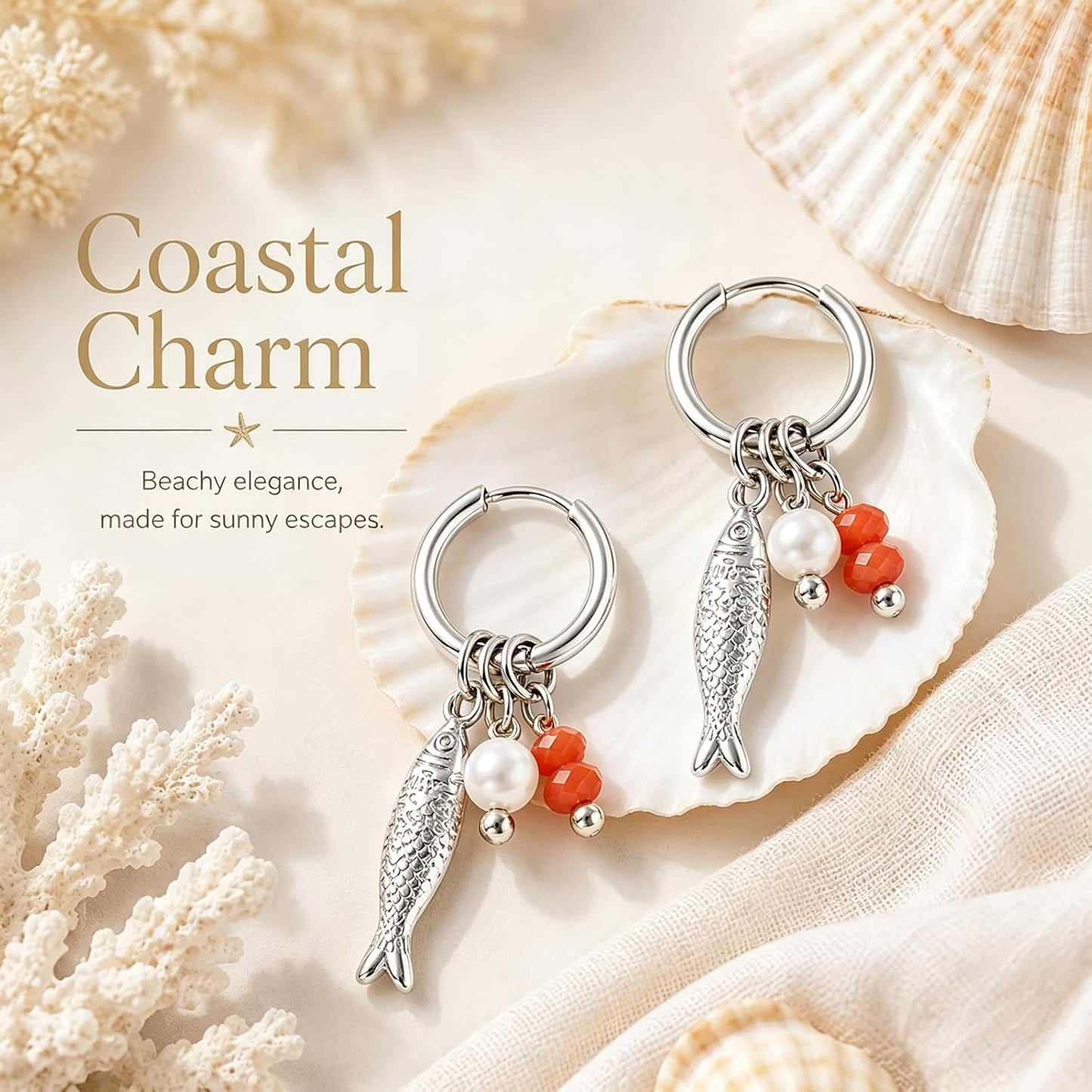 Beach Fish Earrings for Women Gold Fish Pearl Beads Drop Earring Boho Ocean Waterproof Earring Summer Fashion Jewelry Accessories Gifts