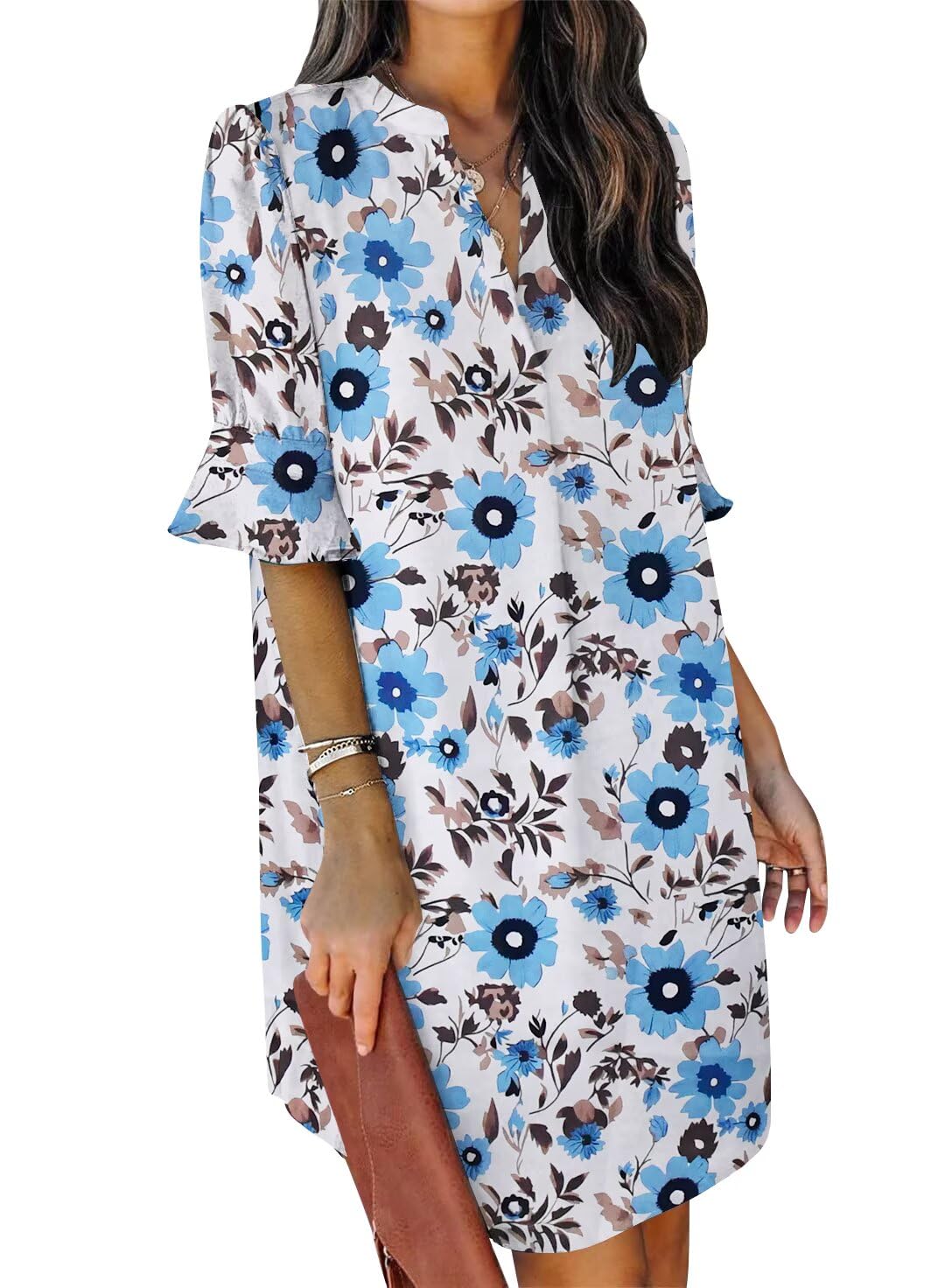 QACOHU Womens Summer Casual V Neck Shift Mini Dress | Flowy Swing Basic Dress, Ruffle Short Sleeve, Floral Boho Style, Wedding Guest Daily Work Clothes, Beach Vacation Outfits
