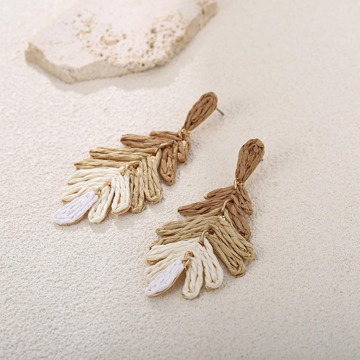 RUOFFETA Raffia Long Palm Leaf Earrings, Colorful Handmade Rattan Leaf Drop Dangle Earrings Summer Tropical Beach Jewelry