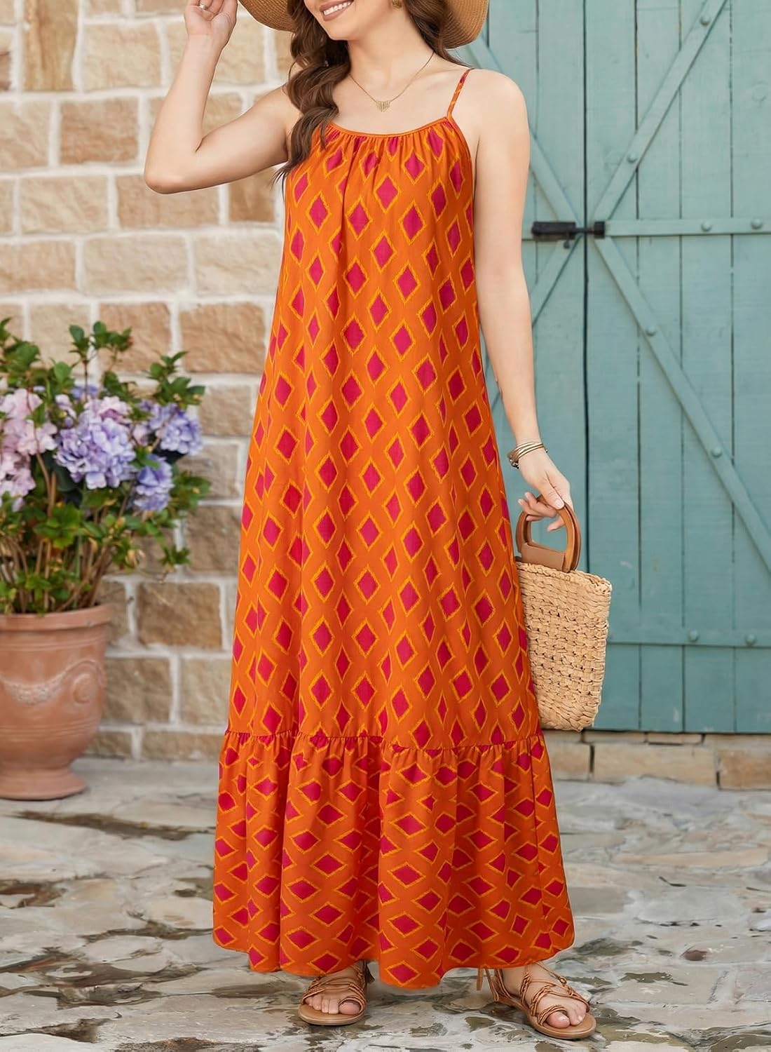 Dokotoo Women Summer Dresses Scoop Neck Ruffle Flowy Boho Maxi Dress | Spaghetti Strap Sundresses,Sleeveless,Beach Vacation Clothes,Ruffle A Line,Casual Boho Printed,Hawaiian Dresses,Wedding Guest