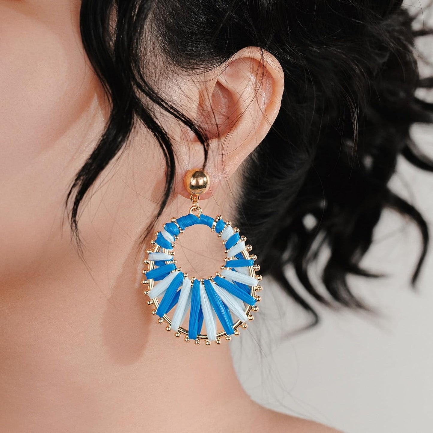 Gold Raffia Dangle Drop Earrings Boho Statement Summer Beach Fun Jewelry | Teardrop Dangling Big Fashion Beachy Stuff Vacation Tropical Bohemian Hawaiian Coastal Handmade Festivel Outfits for Women