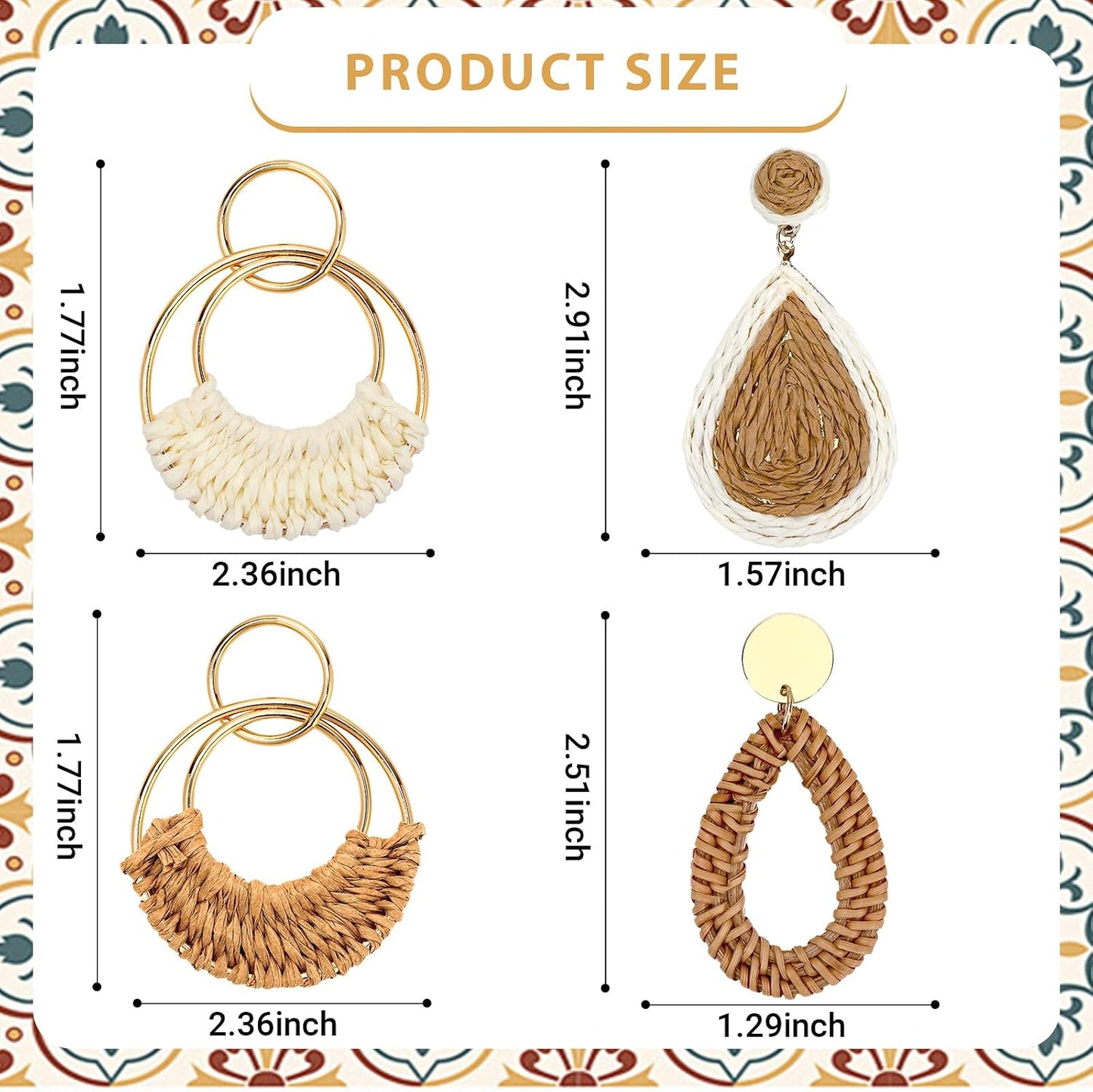 Boho Rattan Earrings for Women, Summer Beach Earrings | Featuring Unique Geometric Circular Teardrop Shaped , Lightweight Woven Pendant Earrings, Summer Beach Wear