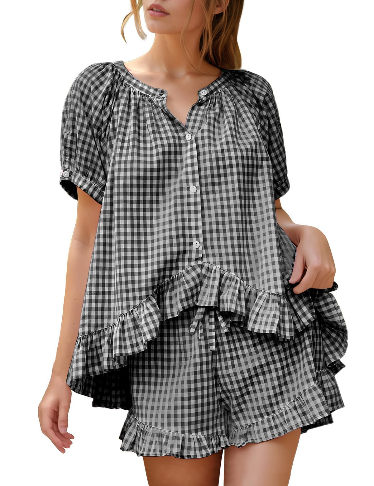 Flygo Cotton Pajamas for Women Gingham Set Lounge Sets | 100% Cotton, Plaid, Babydoll Top, Relaxed Fit, Puff Sleeve, Shorts, Pockets, Summer, Sleepwear, Vacation, Wedding, Parties