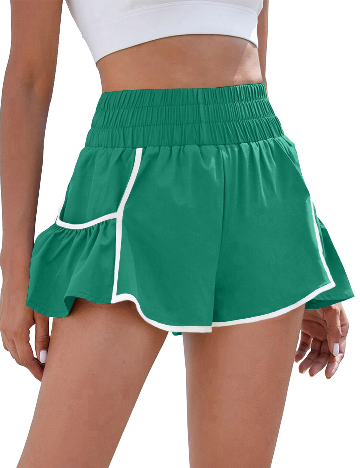 BMJL Womens Athletic Running Shorts 2.5" Flowy High Waisted Ruffle Shorts | workout,gym,two side pockets,elastic high waisted,quick dry fabric,built in liner,solid,gingham,leopard,striped shorts