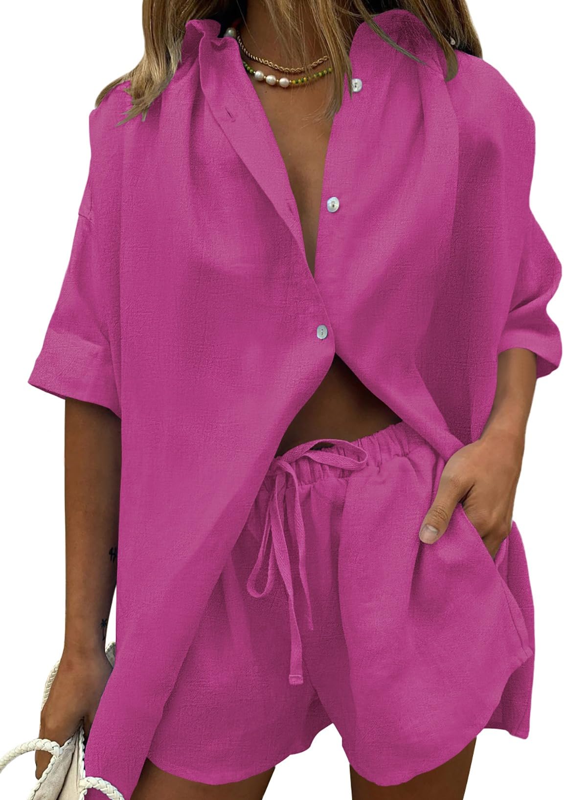 Fixmatti Women 2 Piece Outfits Long Sleeve Button Down Blouse and Shorts Sweatsuit Sets