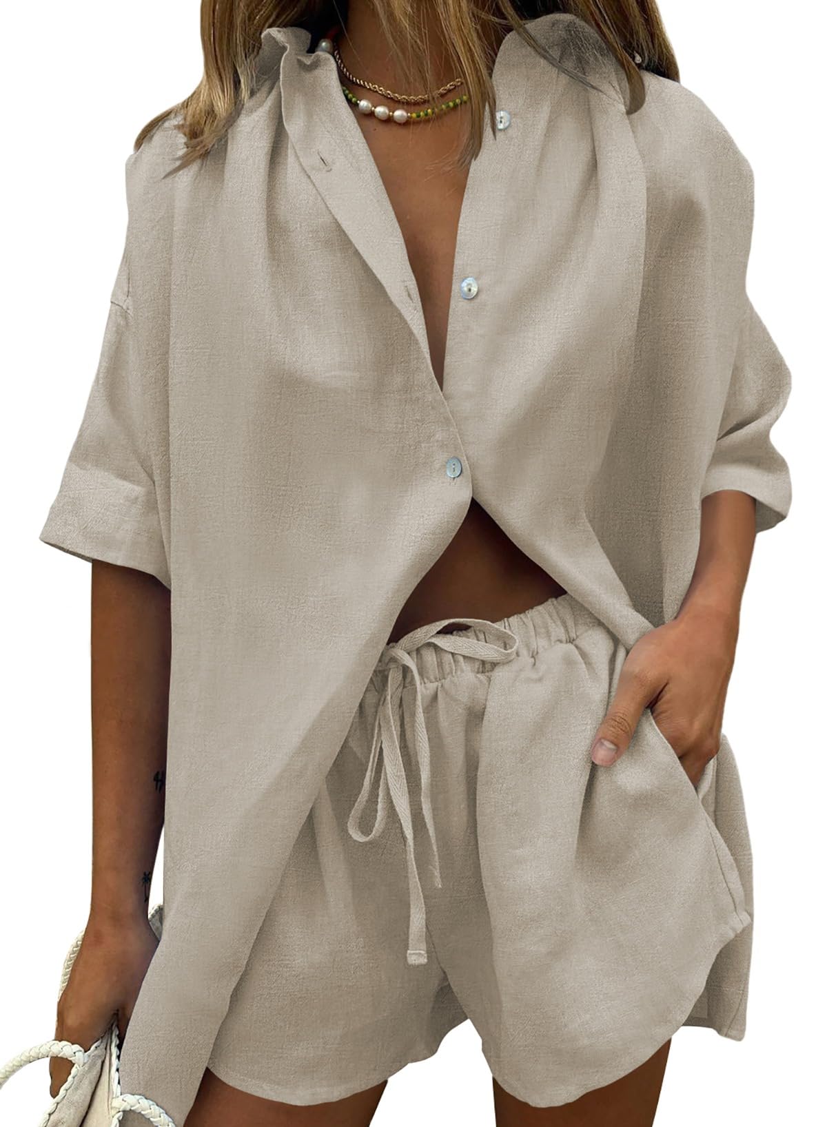 Fixmatti Women 2 Piece Outfits Long Sleeve Button Down Blouse and Shorts Sweatsuit Sets