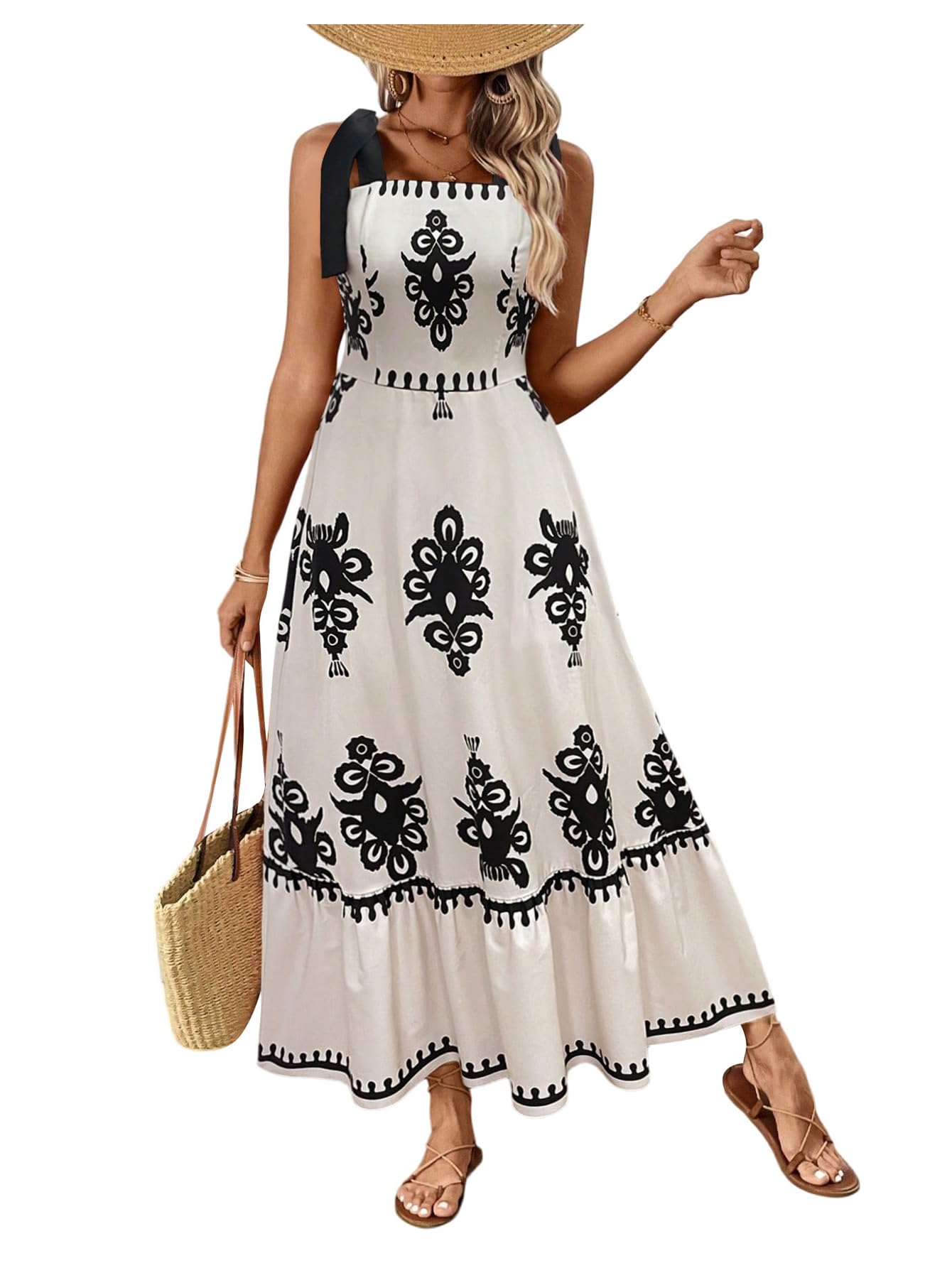Floerns Women's Vintage Sleeveless Tie Shoulder Sundress Floral Print Cami Maxi Dress
