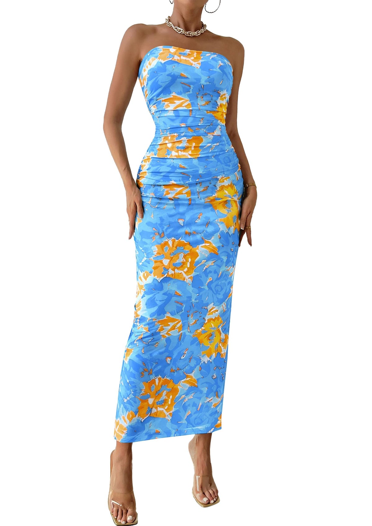 PRETTYGARDEN Women's Strapless Bodycon Floral Maxi Dress | Stretchy Lined Mesh, Long Tube Dresses, Ruched Slit, Spring Summer Y2K Outfits for Wedding, Date Night Party, Beach Vacation