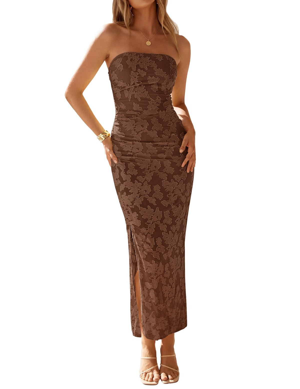 ZESICA Womens Summer Strapless Floral Bodycon Ruched Slit Maxi Formal Dress | Off Shoulder Mesh Casual Long Sundress, Elegant Sexy Dinner Dress, Beach Vacation Dress, Wedding Guest Cocktail Party Dress