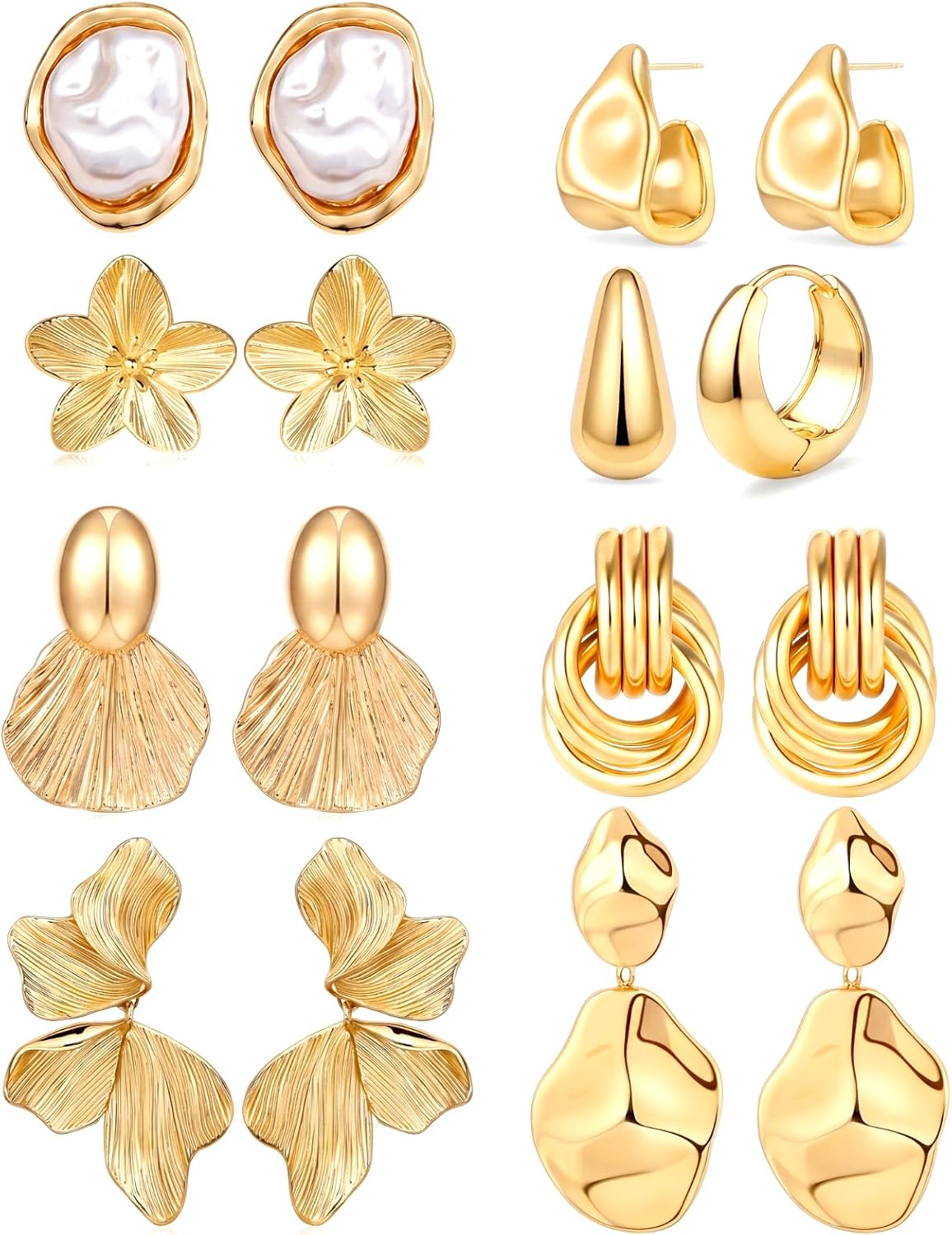 Nosiny 8 Pairs Chunky Gold Beach Earrings for Women Statement Starfish Seashell Flower Summer Earring Fashion Jewelry Set
