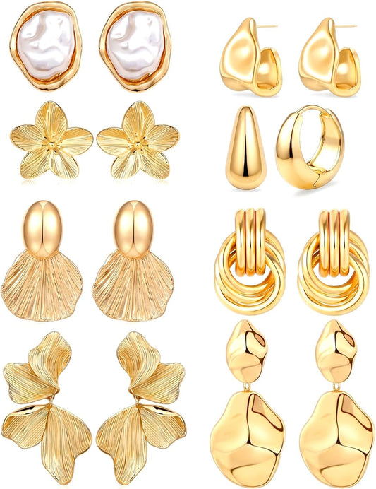 Nosiny 8 Pairs Chunky Gold Beach Earrings for Women Statement Starfish Seashell Flower Summer Earring Fashion Jewelry Set