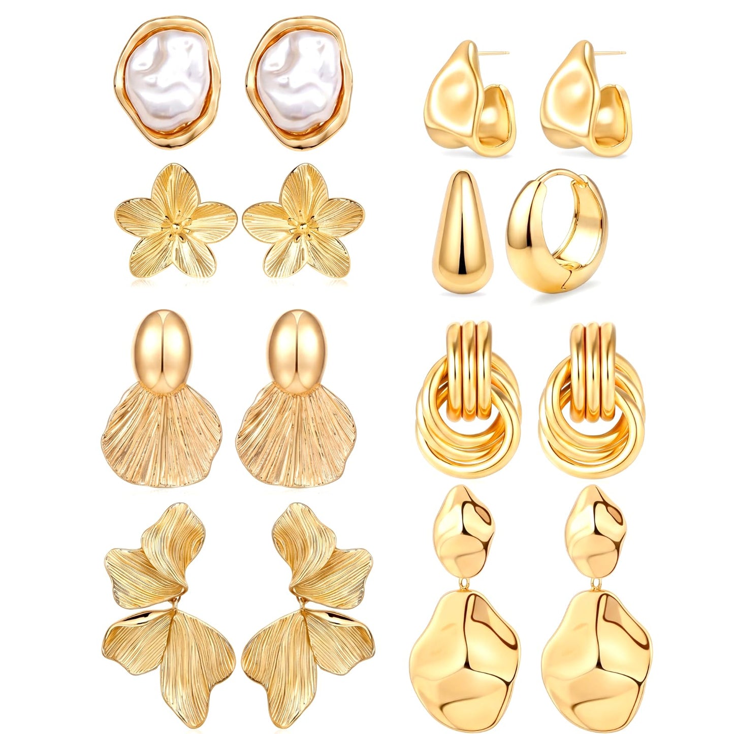 Nosiny 8 Pairs Chunky Gold Beach Earrings for Women Statement Starfish Seashell Flower Summer Earring Fashion Jewelry Set