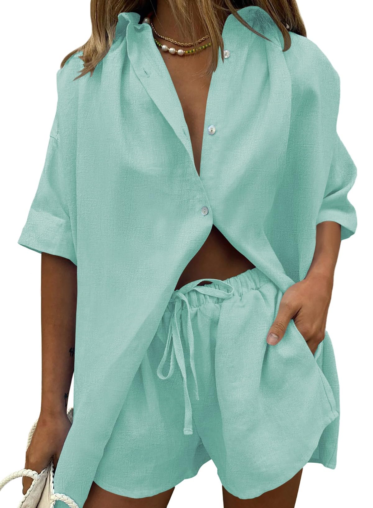 Fixmatti Women 2 Piece Outfits Long Sleeve Button Down Blouse and Shorts Sweatsuit Sets
