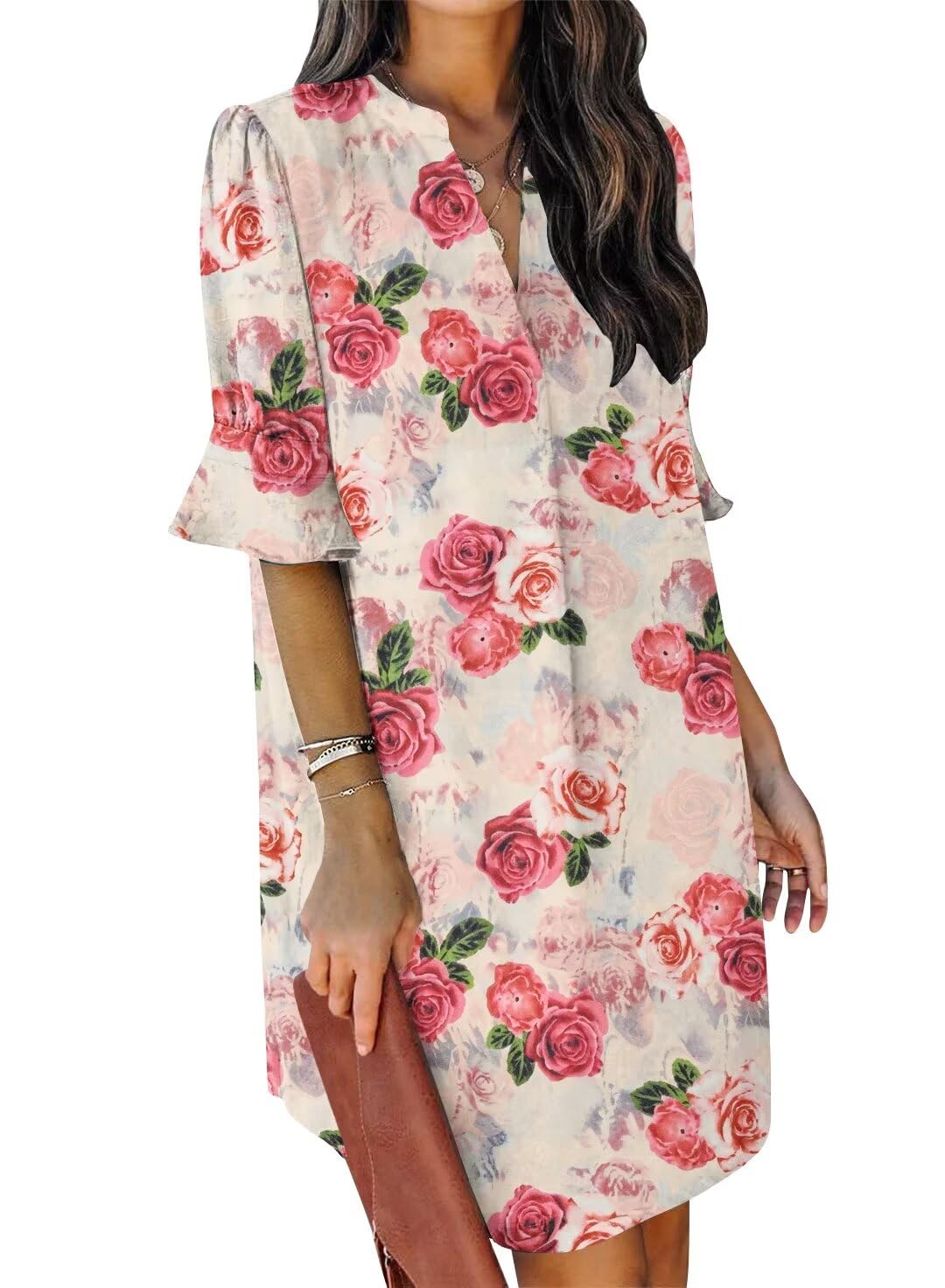 QACOHU Womens Summer Casual V Neck Shift Mini Dress | Flowy Swing Basic Dress, Ruffle Short Sleeve, Floral Boho Style, Wedding Guest Daily Work Clothes, Beach Vacation Outfits