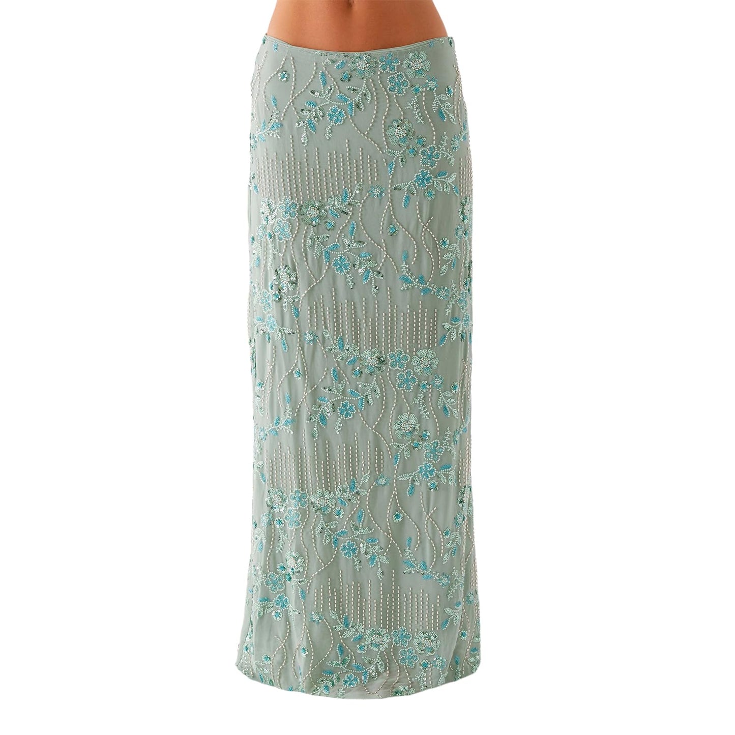 Women Y2k Sequin Long Skirt Bead Floral Embroidery Maxi Skirt Low Waist Rhinestone Glitter Bodycon Club Skirt