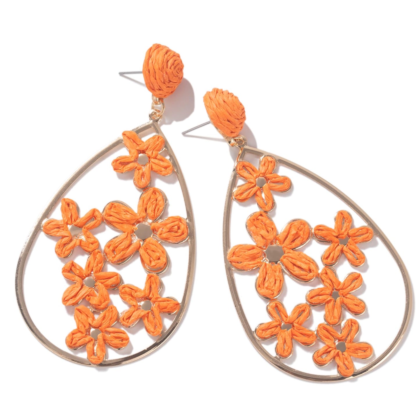 Boho Raffia Flower Teardrop Earrings Cute Colorful Dangle Trendy Jewelry | Floral Drop Statement Big Dangling Earring Hypoallergenic Gold Fun Unique Summer Spring Beach Vacation Outfits for Women