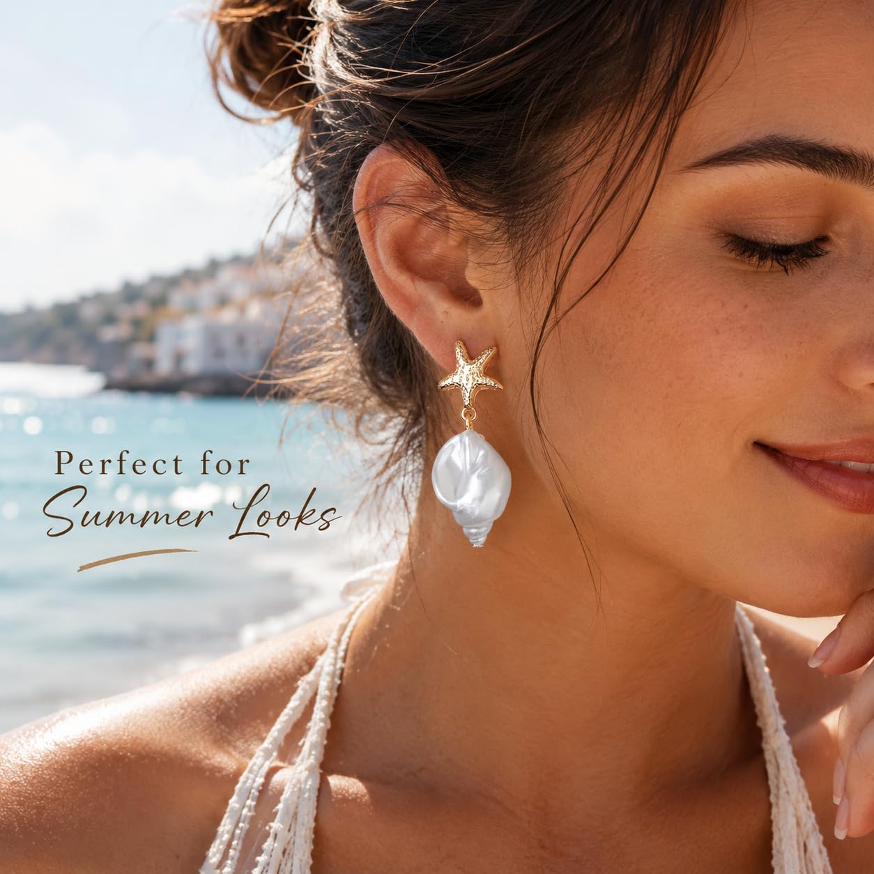 Starfish Earrings for Women Vacation Earrings Gold Pearl Sea Shell Dangle Beach Summer Ocean Jewelry Gifts Coastal Style