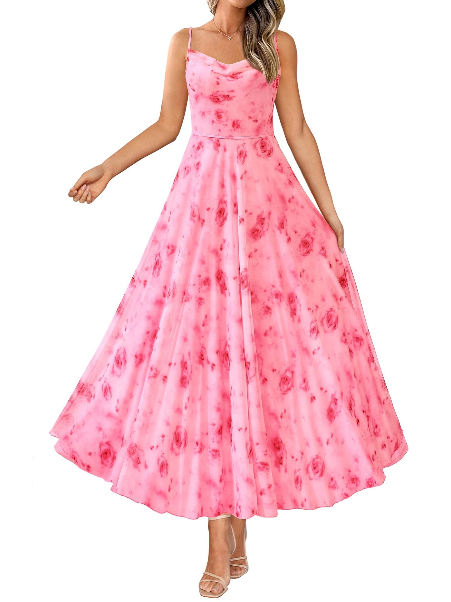 BTFBM Women Summer Maxi Dresses Elegant Wedding Guest Dress | Cowl Neck,Spaghetti Strap,Mesh,Floral,A-Line,Flowy,Party,Cocktail,Homecoming,Graduation,Sundress,Prom,Beach Long Dresses