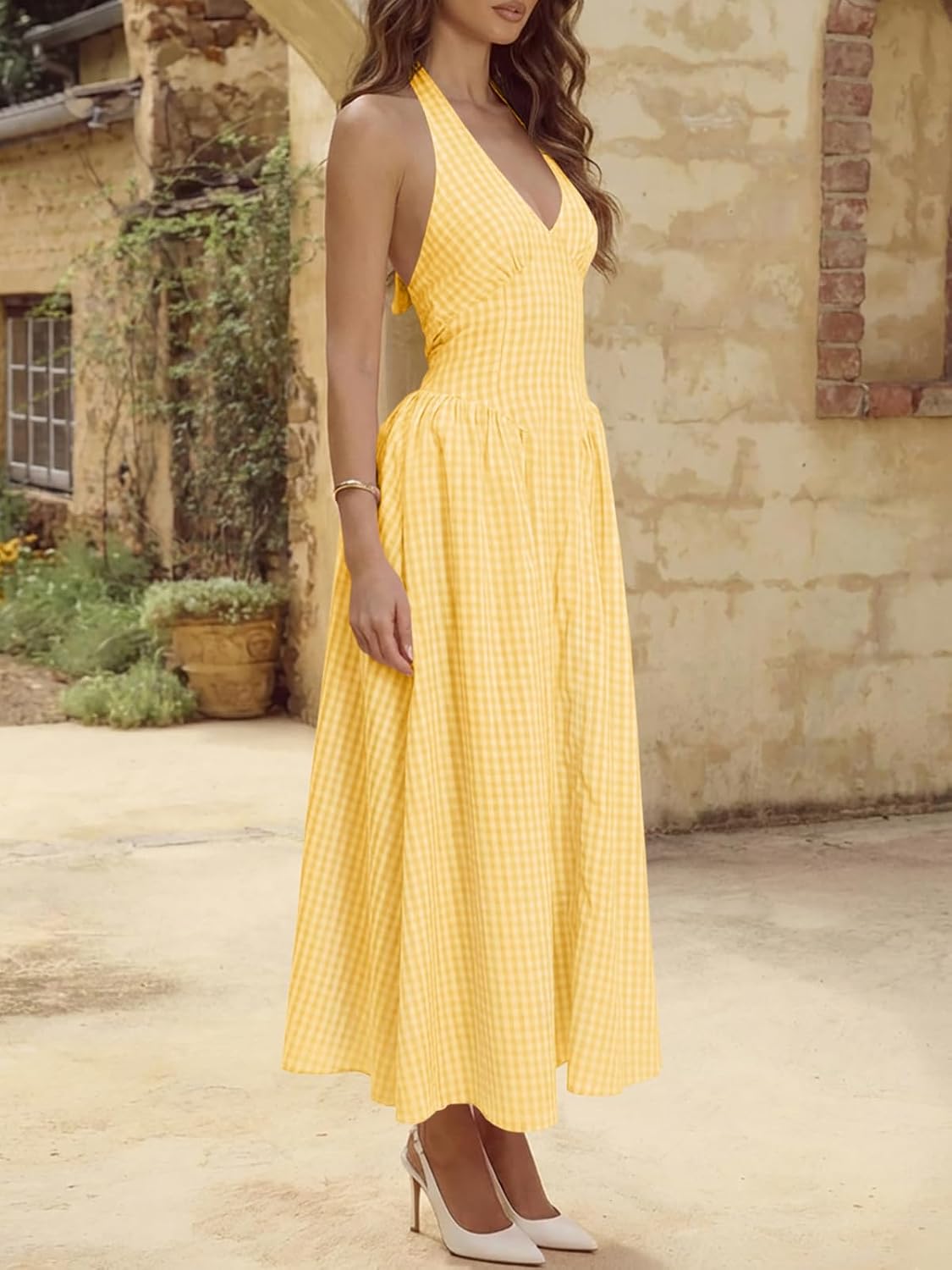 Wenrine Womens Halter V Neck Corset Maxi Dresses Summer Plaid Smocked Dress | Tie Back, Backless, Wedding Guest, Drop Waist, Sleeveless, Gingham, Pleated, Long dress with Pockets