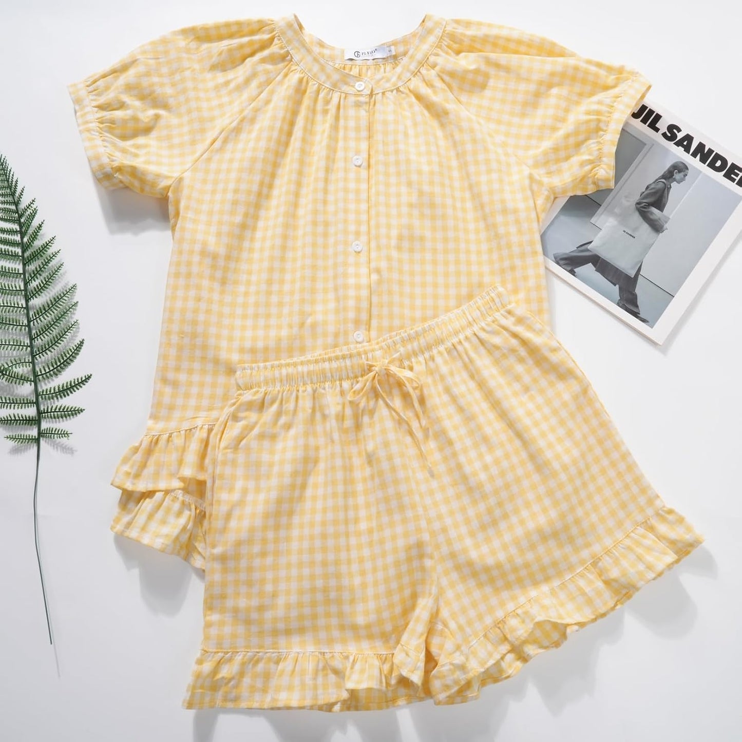 Flygo Cotton Pajamas for Women Gingham Set Lounge Sets | 100% Cotton, Plaid, Babydoll Top, Relaxed Fit, Puff Sleeve, Shorts, Pockets, Summer, Sleepwear, Vacation, Wedding, Parties