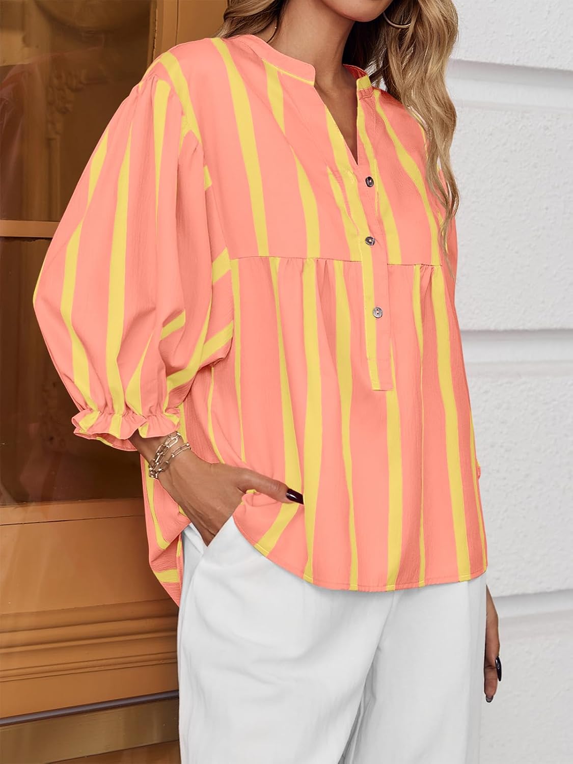 Tankaneo Womens Puff Sleeve Summer Babydoll Tops Cute V Neck Striped Blouse | Casual, Loose Fit, Flowy Shirts, Button, Boho, Work, Dressy, Peplum Blouses