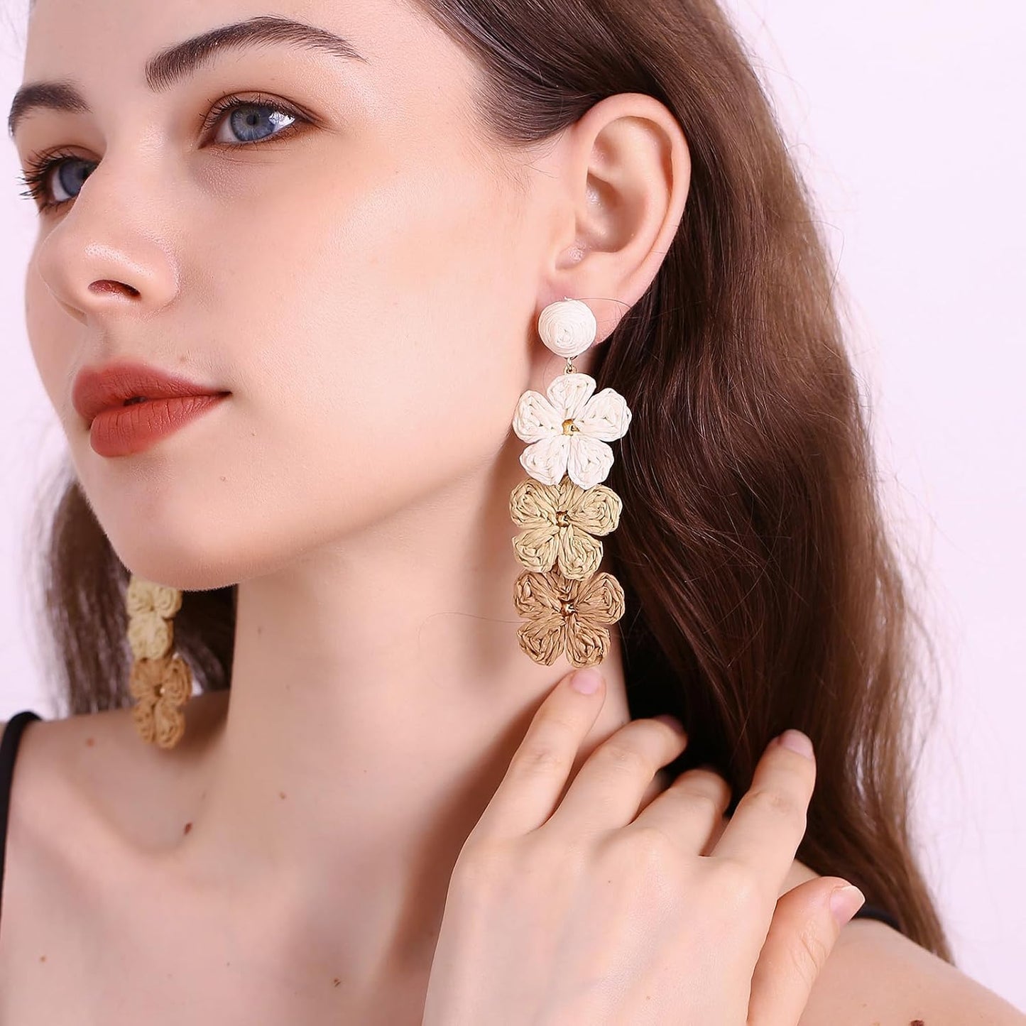 RUOFFETA Raffia Flower Earrings, Raffia Straw Wrapped Flower Drop Dangle Earrings Summer Tropical Beach Jewelry
