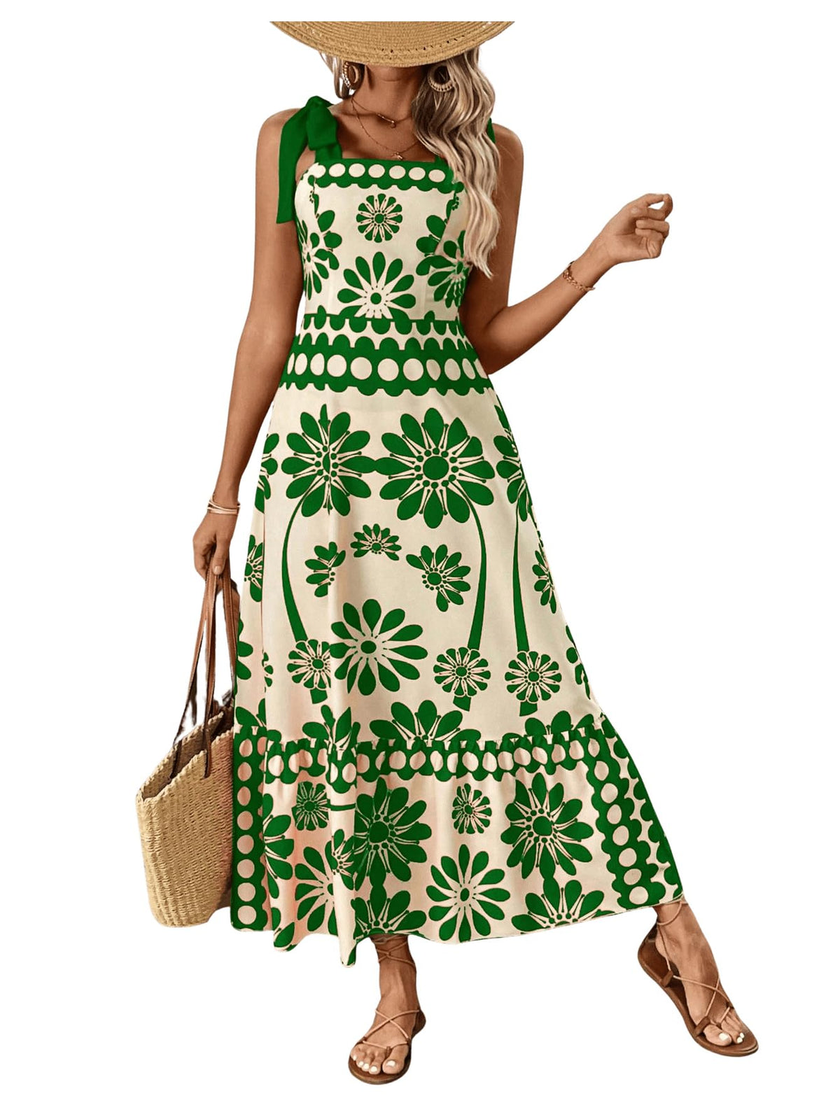 Floerns Women's Vintage Sleeveless Tie Shoulder Sundress Floral Print Cami Maxi Dress