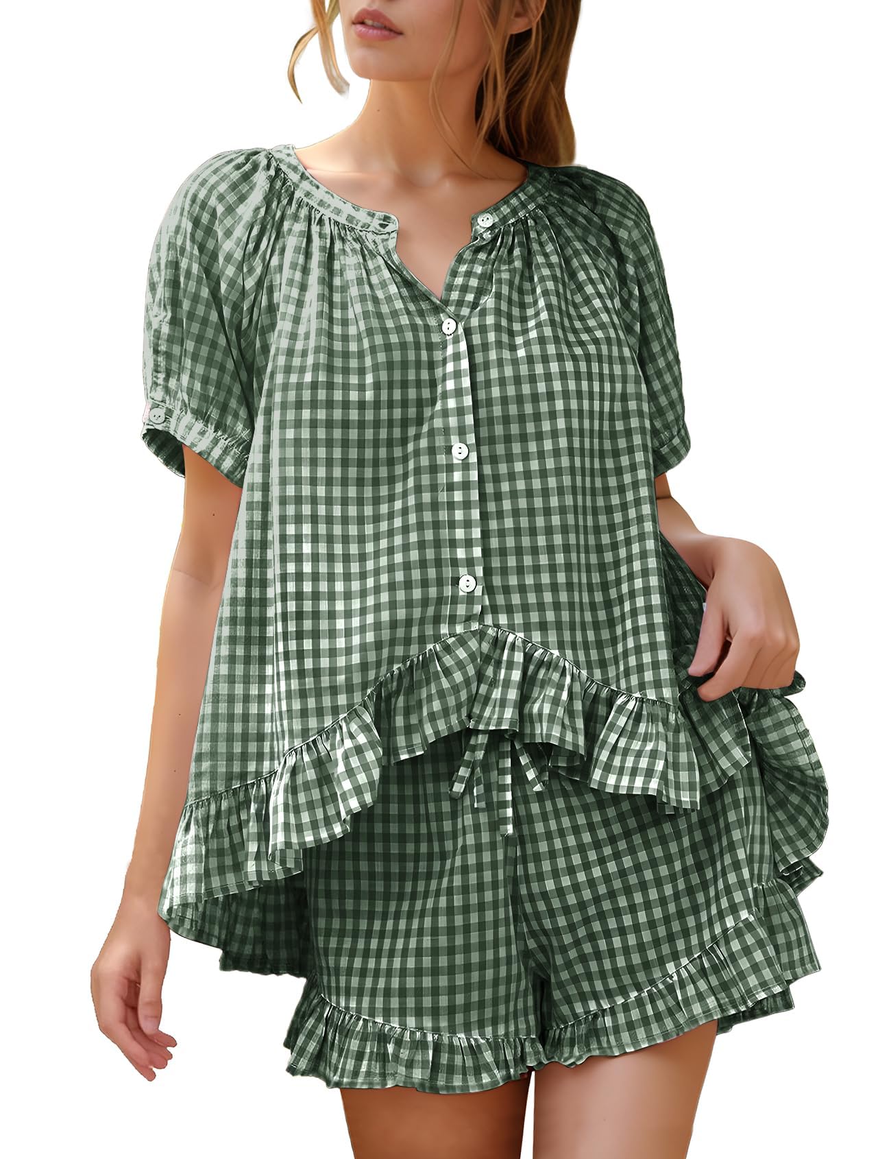 Flygo Cotton Pajamas for Women Gingham Set Lounge Sets | 100% Cotton, Plaid, Babydoll Top, Relaxed Fit, Puff Sleeve, Shorts, Pockets, Summer, Sleepwear, Vacation, Wedding, Parties