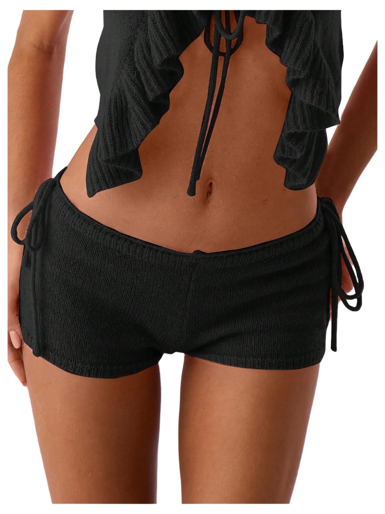 WDIRARA Women's Tie Side Knitted Mini Shorts High Waist Elastic Waisted Summer Cute Shorts