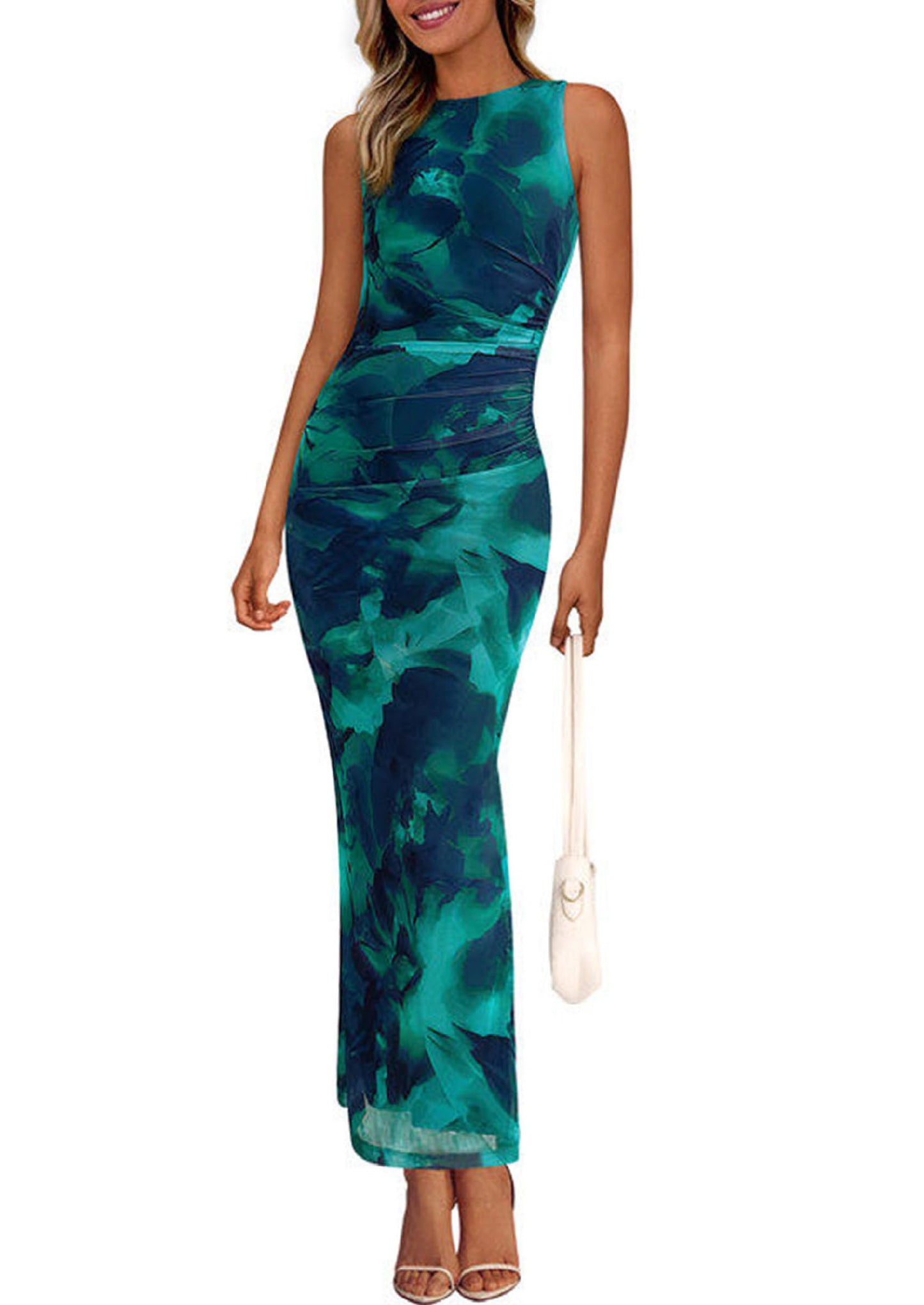 PRETTYGARDEN Women's Summer Formal Floral Maxi Dress | Sleeveless Ruched Bodycon Mesh Long Dresses, Elegant Spring Dress for Wedding Guest, Bridal Shower, Cocktail Party, Vacation
