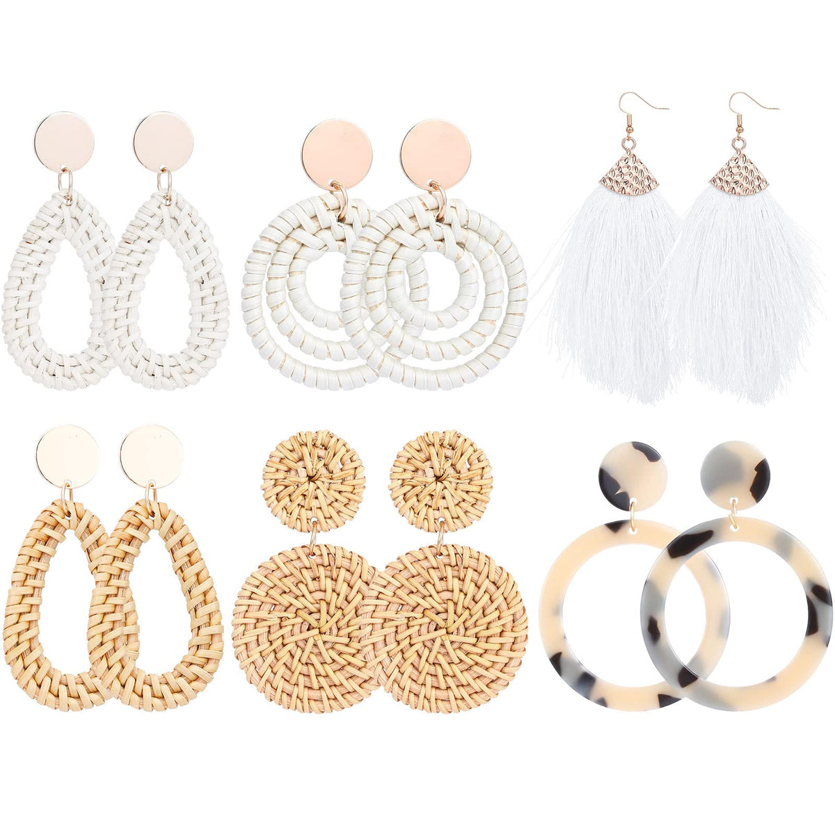 Hicarer 6 Pair Boho Rattan Earrings for Women | Straw Tassel Geometric, Summer Party Jewelry, Light Dangle Style, Beach Outfits, Vacation Looks, Boho Accessories