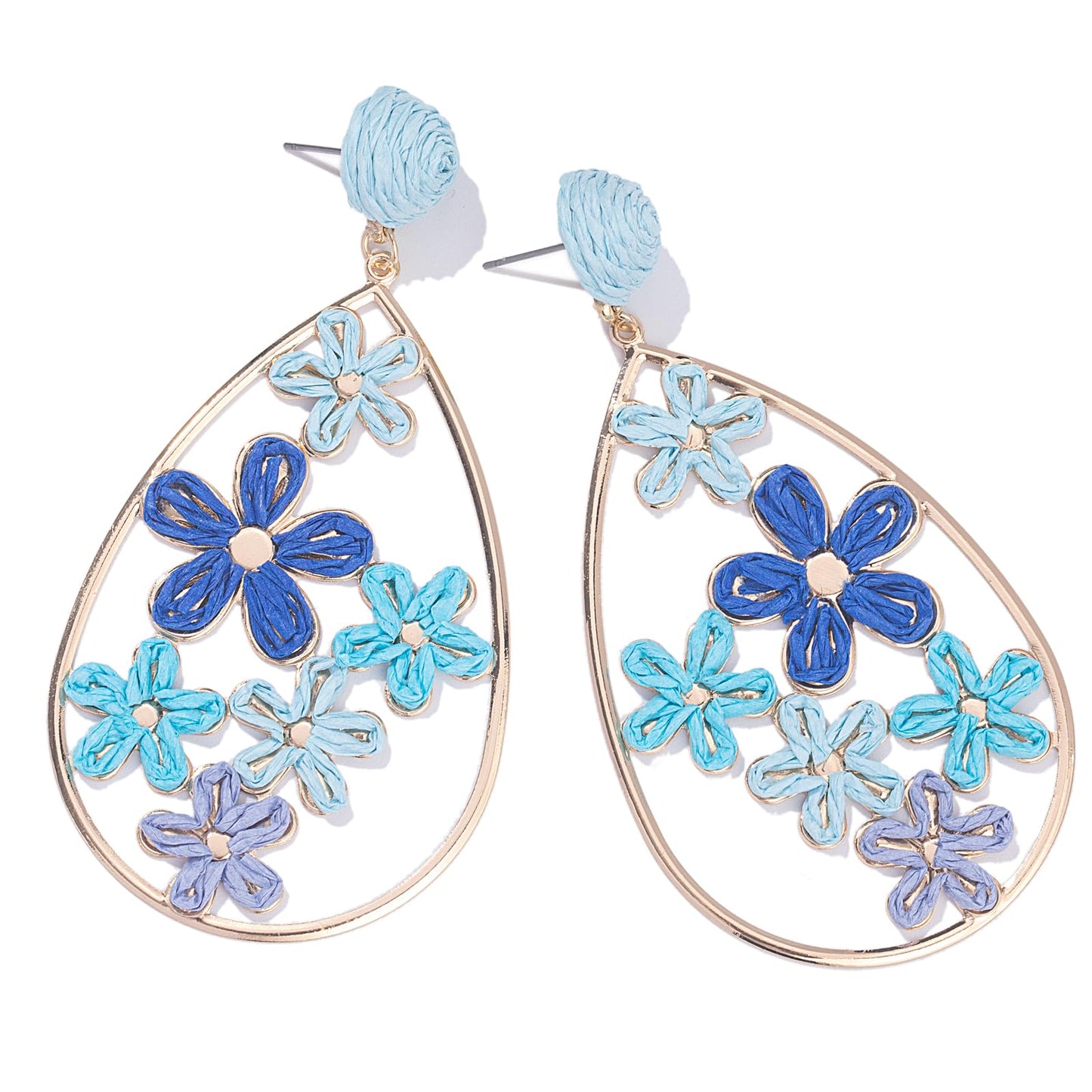 Boho Raffia Flower Teardrop Earrings Cute Colorful Dangle Trendy Jewelry | Floral Drop Statement Big Dangling Earring Hypoallergenic Gold Fun Unique Summer Spring Beach Vacation Outfits for Women