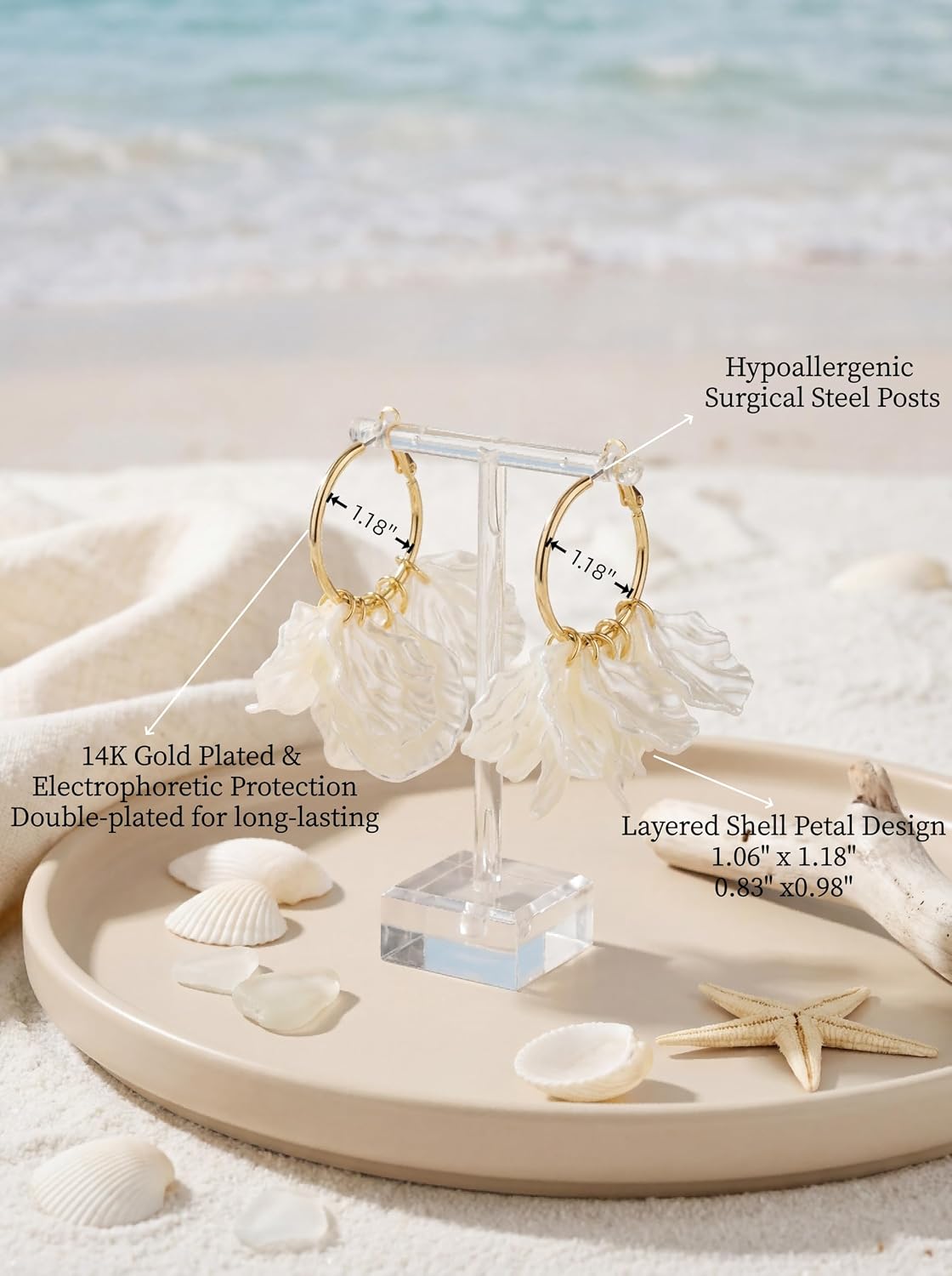 Beach Earrings for Women, Seashell & Starfish Pearl Studs for Summer, Gold Beach Jewelry, Dainty Coastal Summer Vacation Ocean Style, Lightweight Hypoallergenic