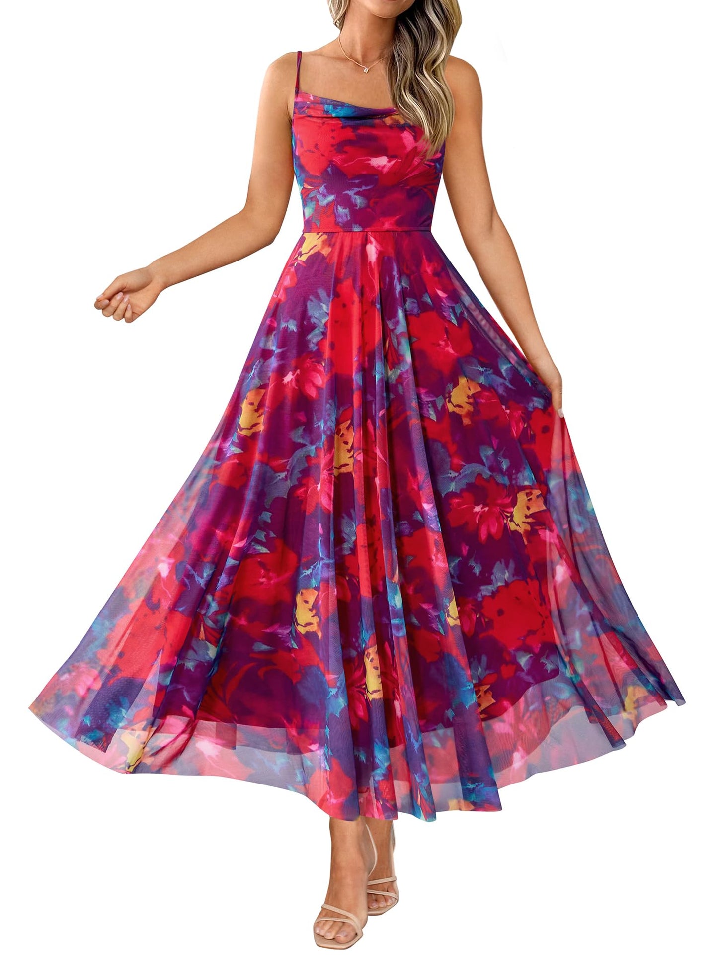 BTFBM Women Summer Maxi Dresses Elegant Wedding Guest Dress | Cowl Neck,Spaghetti Strap,Mesh,Floral,A-Line,Flowy,Party,Cocktail,Homecoming,Graduation,Sundress,Prom,Beach Long Dresses