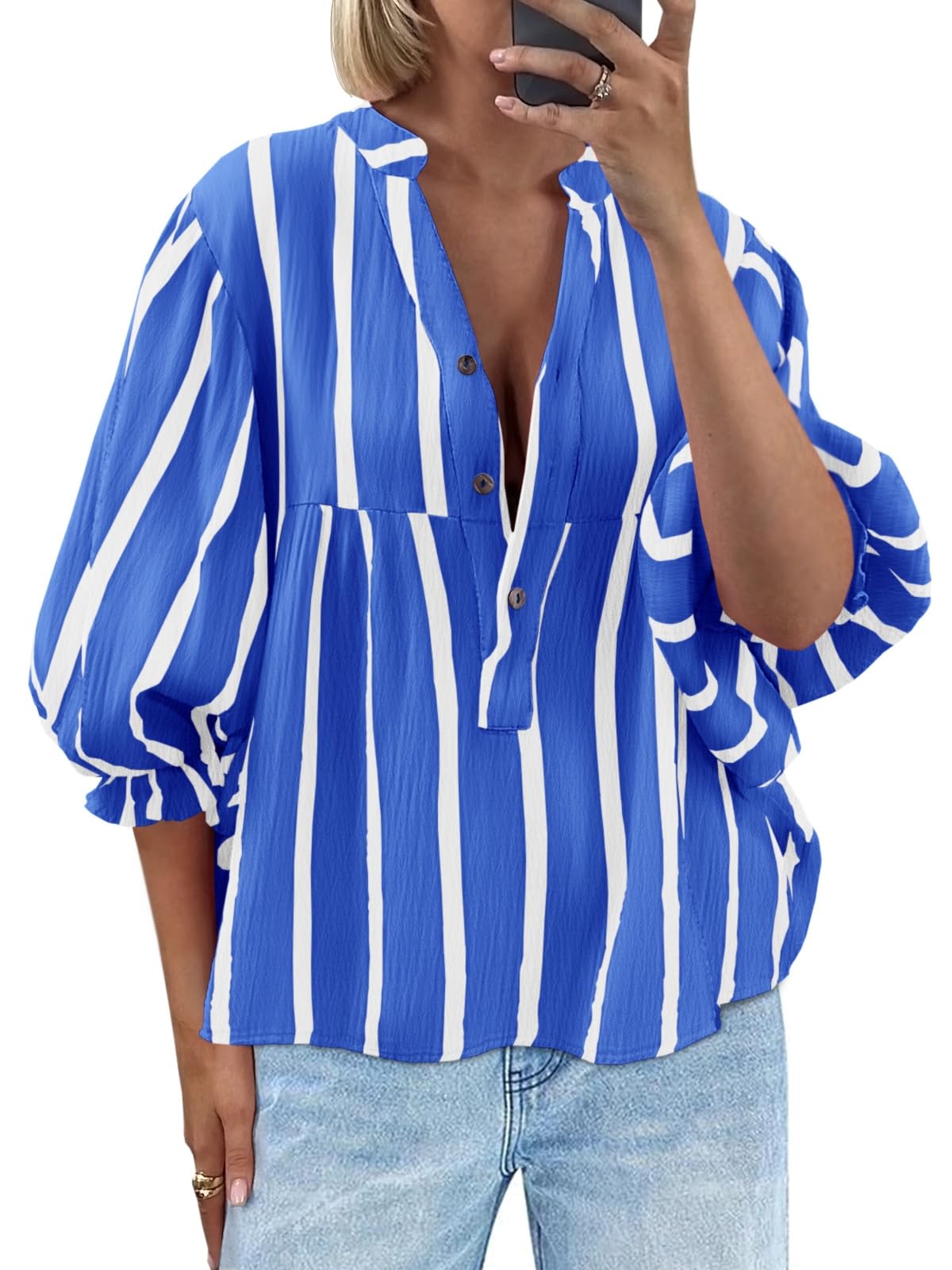 Tankaneo Womens Puff Sleeve Summer Babydoll Tops Cute V Neck Striped Blouse | Casual, Loose Fit, Flowy Shirts, Button, Boho, Work, Dressy, Peplum Blouses