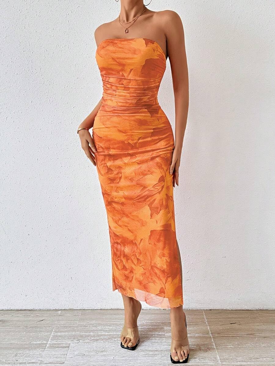 LIGHT DOT Women's Summer Dress Printed Strapless Tube Bodycon Maxi Side Slit Mesh Layered