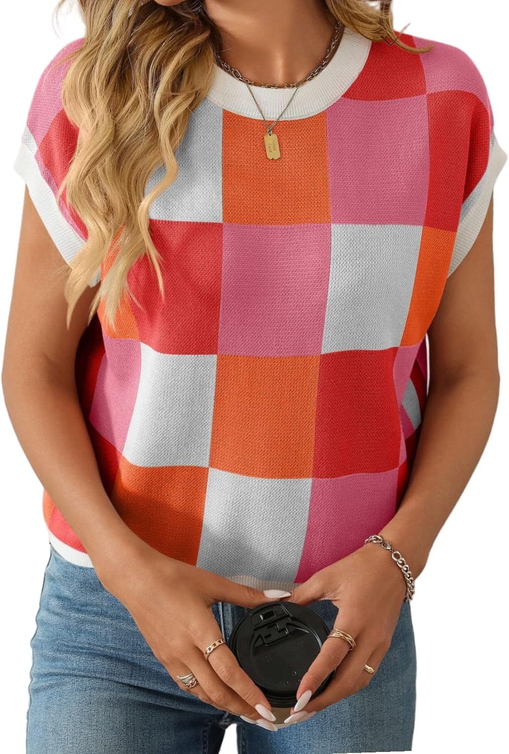 Checkered Tops for Women Cap Short Sleeve Pullover Sweater Color Block Knitted Plaid Shirt