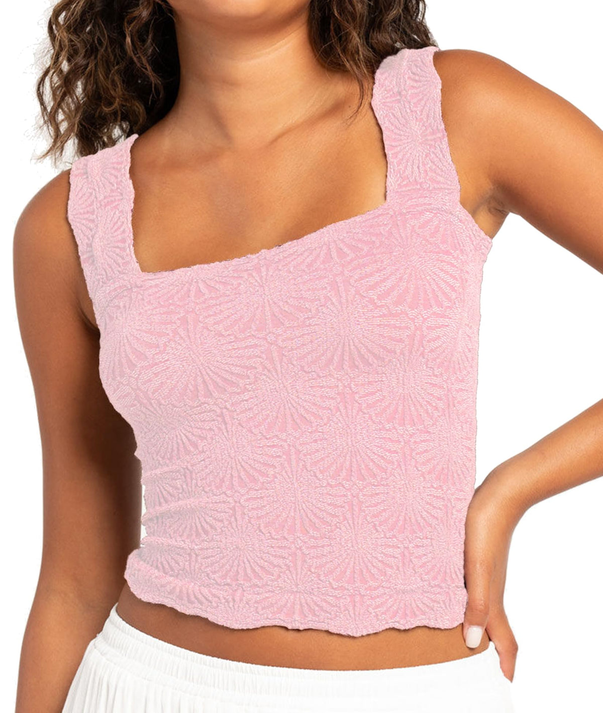 Women's Square Neck Wide Strap Crop Tank Tops Flower Going Out Tops Slim Fit Lettuce Trim Crop Cami Tops