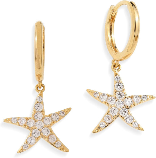 Jean Beau Gold Hoop Dangle Earrings for Women, Trendy Dainty Rhinestone CZ Christmas Tree Clover Starfish Drop Earrings Fashion Holiday Party Jewelry Gift