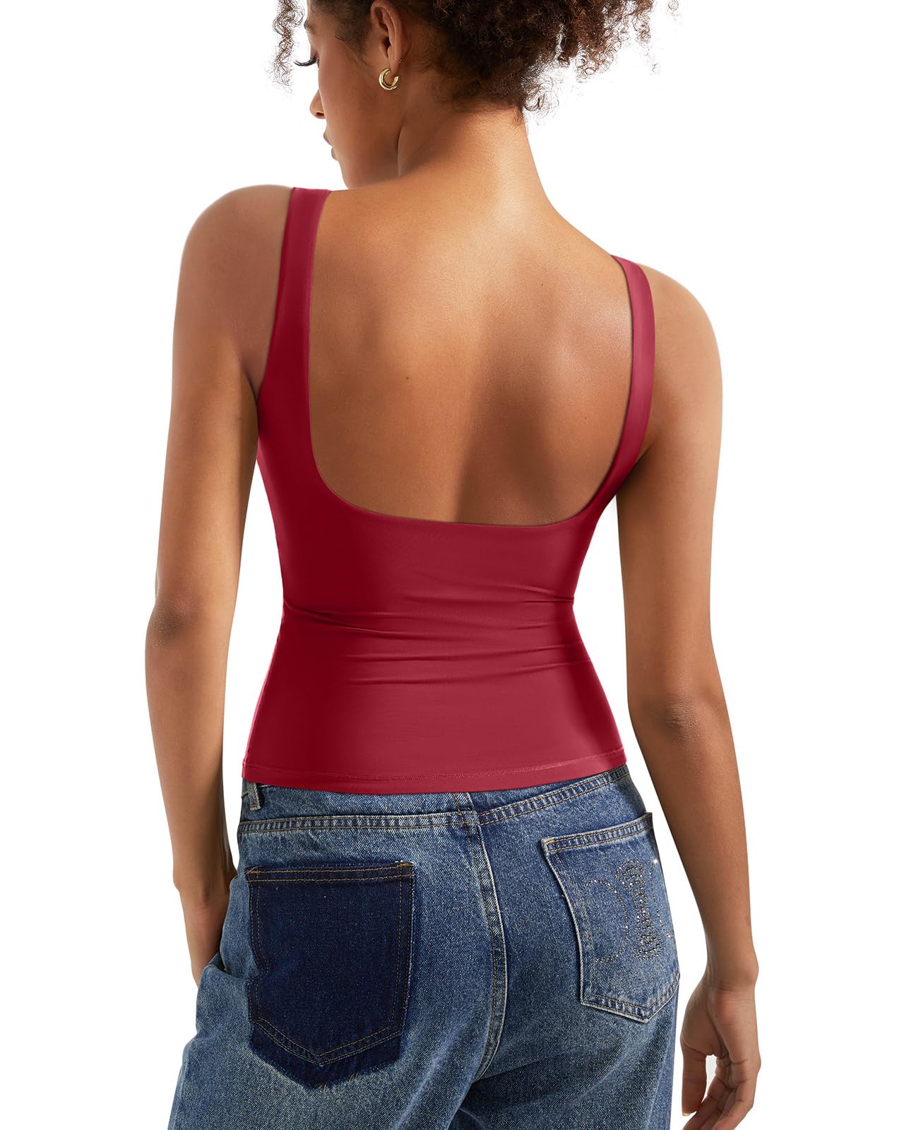 SUUKSESS Women Padded Open Back Boat Neck Tank Top Double Lined Basic Shirt | Backless Sleeveless Built in Bra Tops Slim Fitted Summer Going Out Top